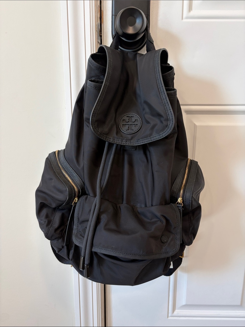 Tory Burch Black Nylon Drawstring Backpack with Gold Hardware